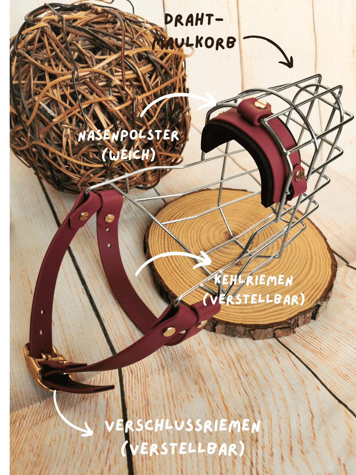 Maulkorb mit gekennzeichnetem Kehlriemen und Verschlussriemen